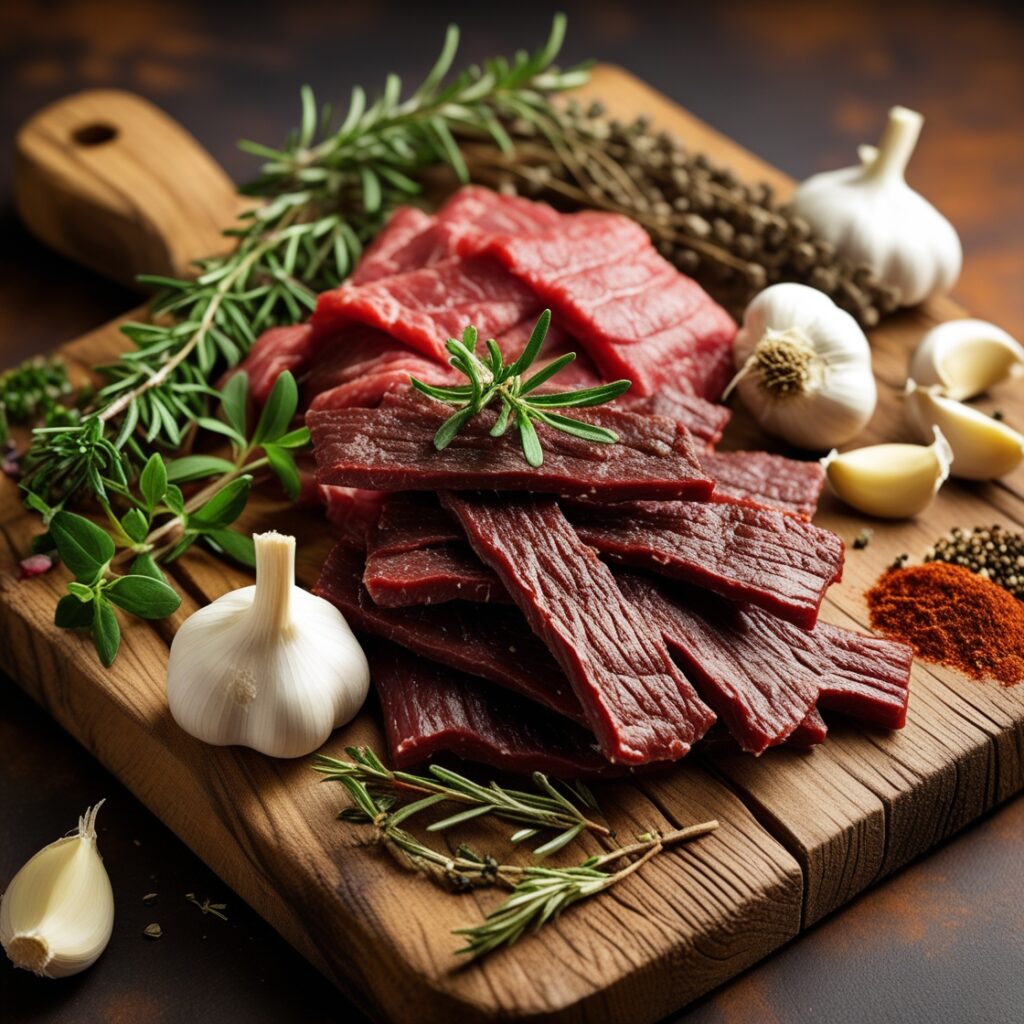 A variety of delicious dishes featuring beef jerky, including salads, sandwiches, and wraps, showcasing creative cooking ideas with this protein-packed snack.