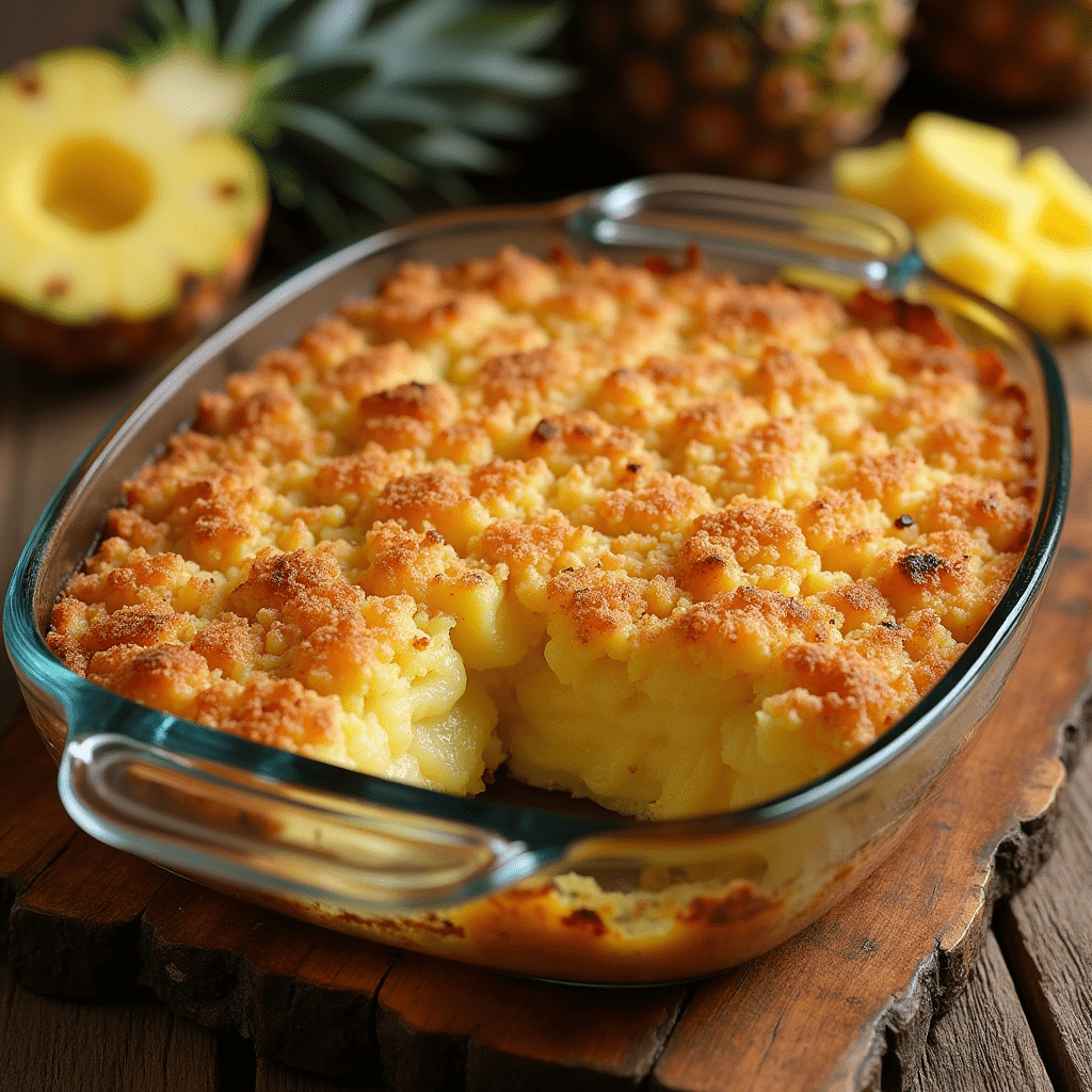 Pineapple casserole with buttery cracker topping served in a dish, showcasing its golden brown crust and sweet pineapple filling