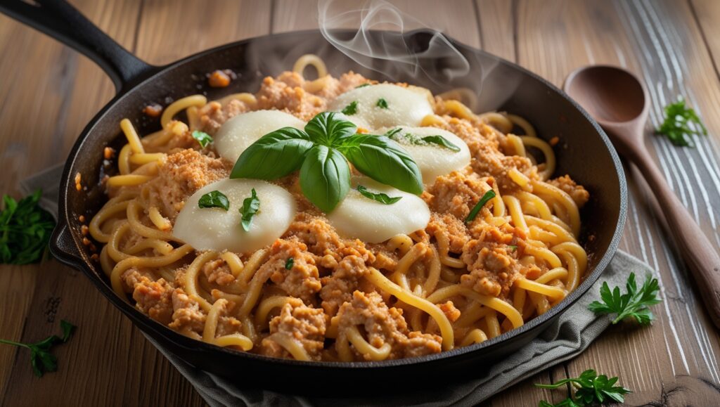 Skillet filled with cheesy ground chicken pasta topped with fresh parsley, featuring a creamy sauce and tender pasta