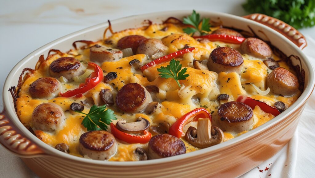 cheesy baked chicken with sausage and veggies