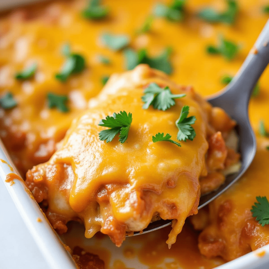 A freshly baked chicken enchilada casserole topped with melted cheese, garnished with cilantro, and served in a baking dish