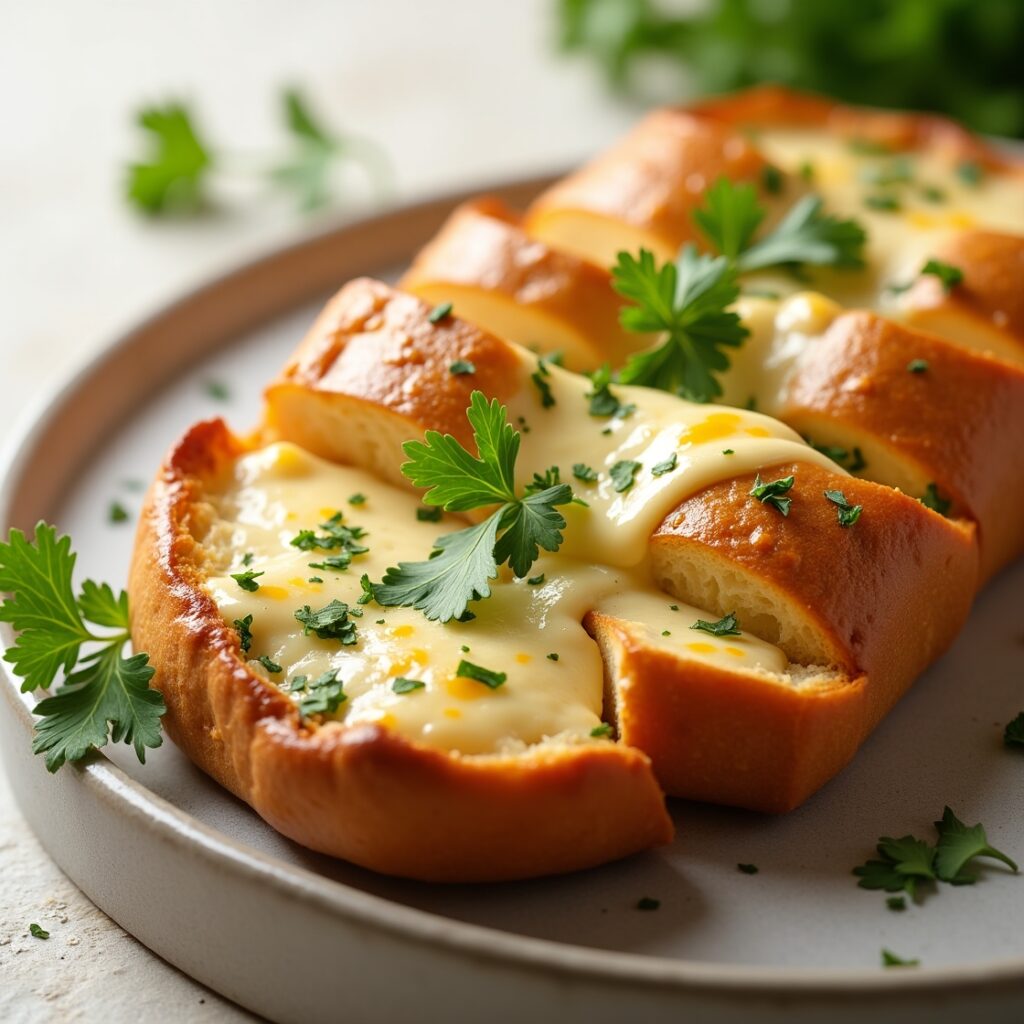 Golden cheesy garlic bread topped with melted mozzarella and Parmesan on a wooden cutting board, garnished with fresh parsley.