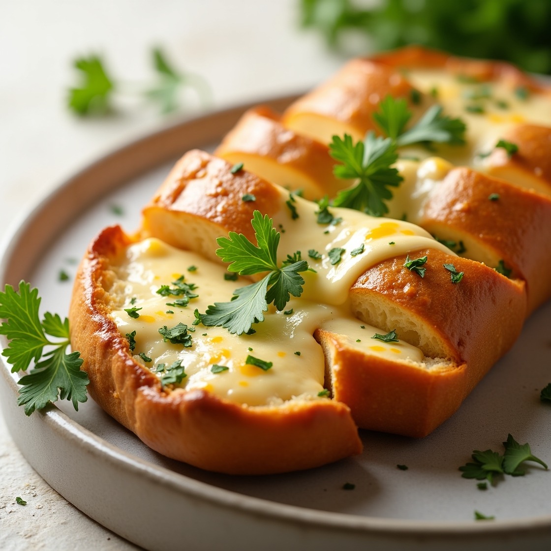 Golden cheesy garlic bread topped with melted mozzarella and Parmesan on a wooden cutting board, garnished with fresh parsley.