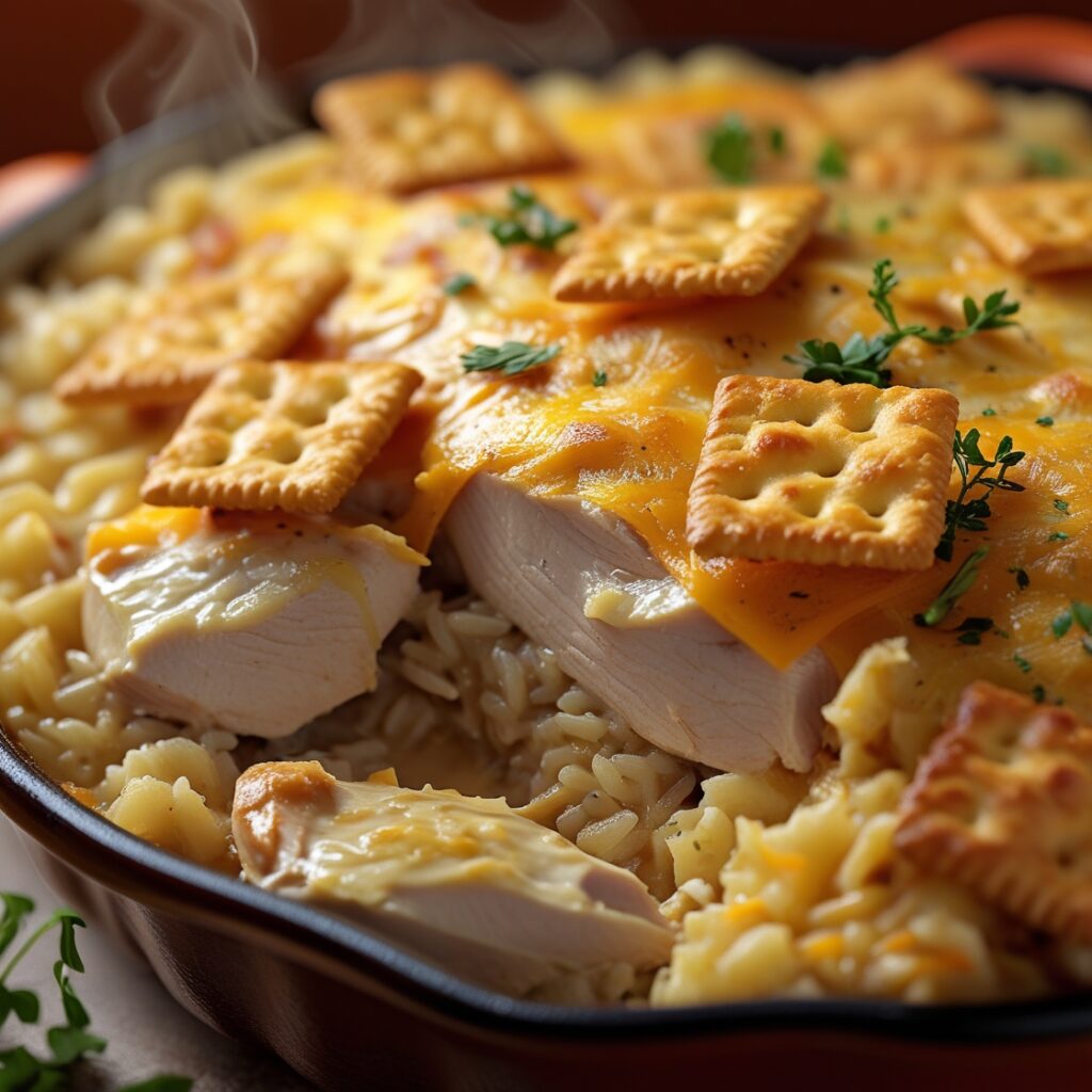 Golden, cheesy baked chicken and rice casserole with a crispy cracker topping in a 9x13-inch baking dish.