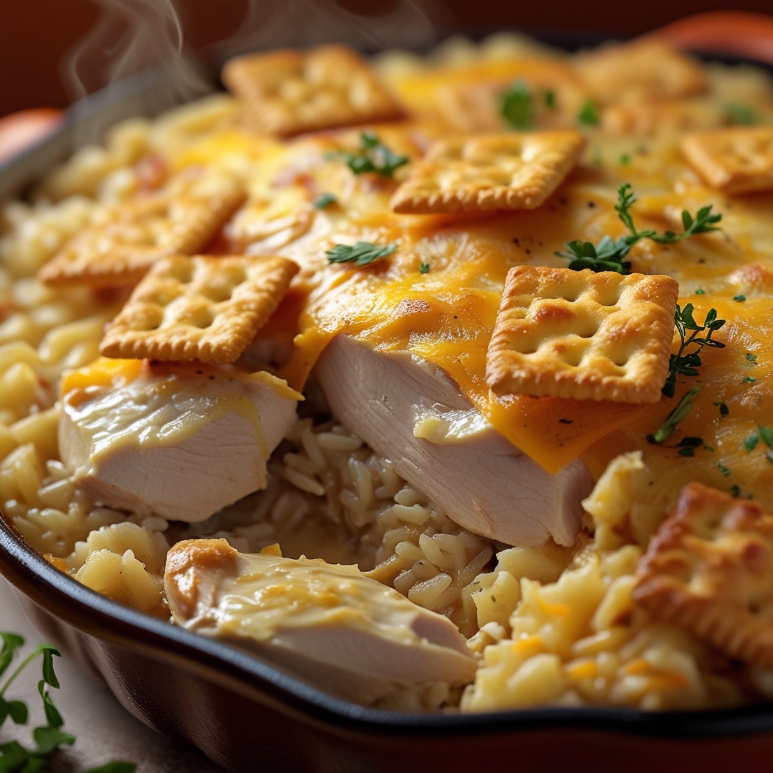 Golden, cheesy baked chicken and rice casserole with a crispy cracker topping in a 9x13-inch baking dish.