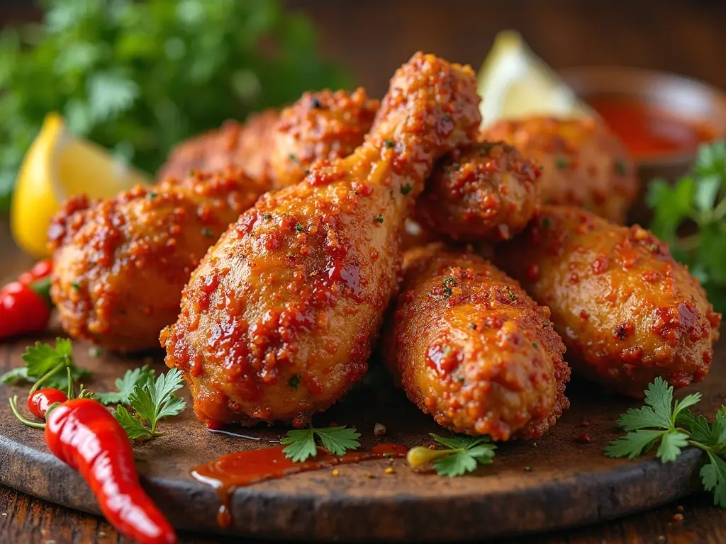 Golden crispy Piri Piri Fried Chicken served on a plate with dipping sauce, garnished with fresh herbs and lemon slices