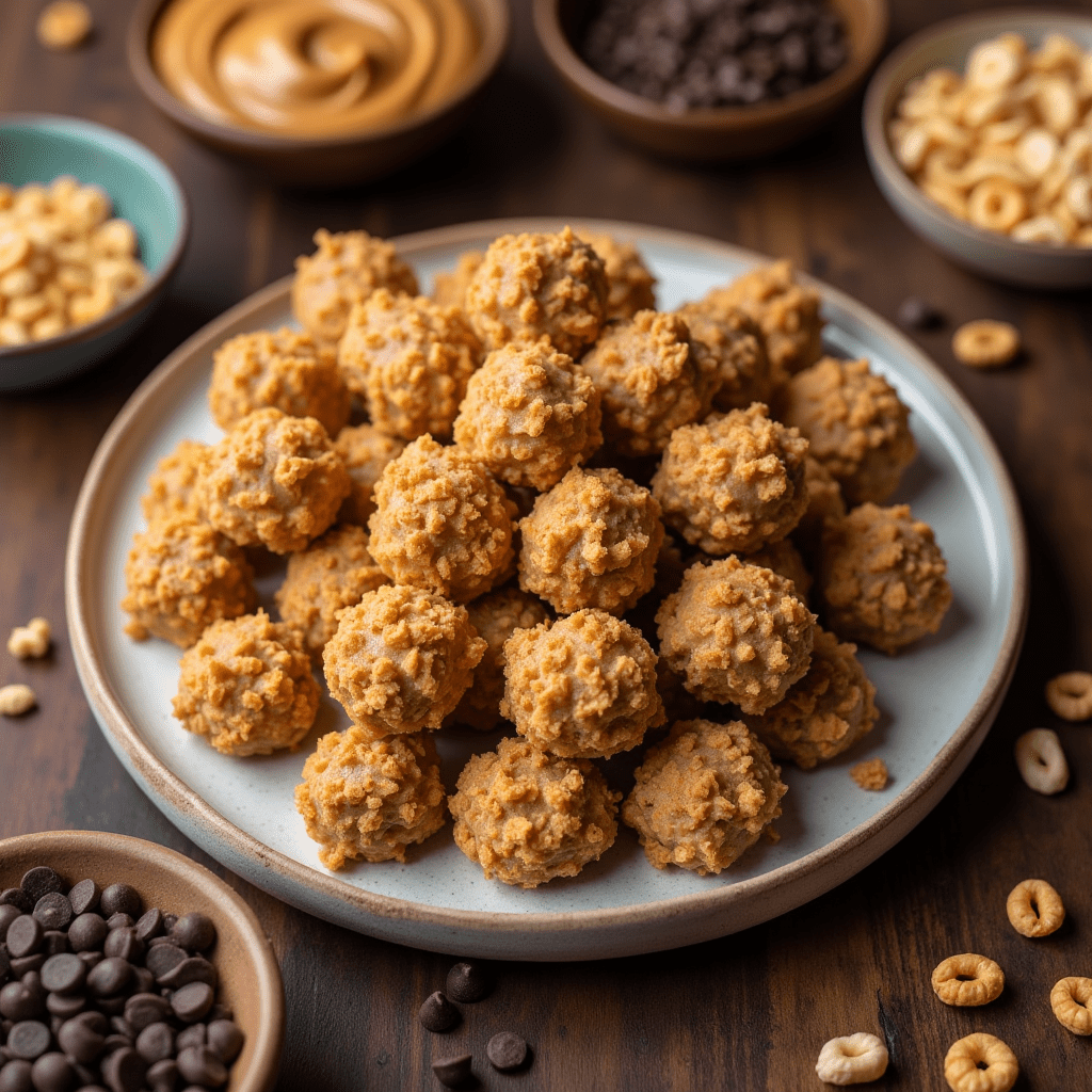 A plate of homemade Moose Farts with rich chocolate coating and crunchy cereal base.