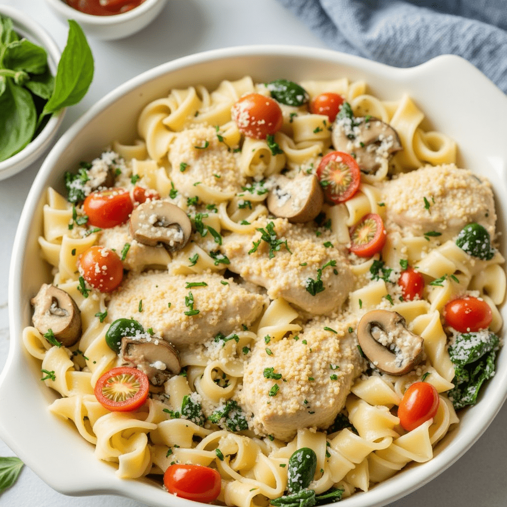 Creamy Marry Me Chicken Pasta dish featuring tender chicken strips, vibrant vegetables, and rich Alfredo sauce served on a white plate with fresh parsley garnish.