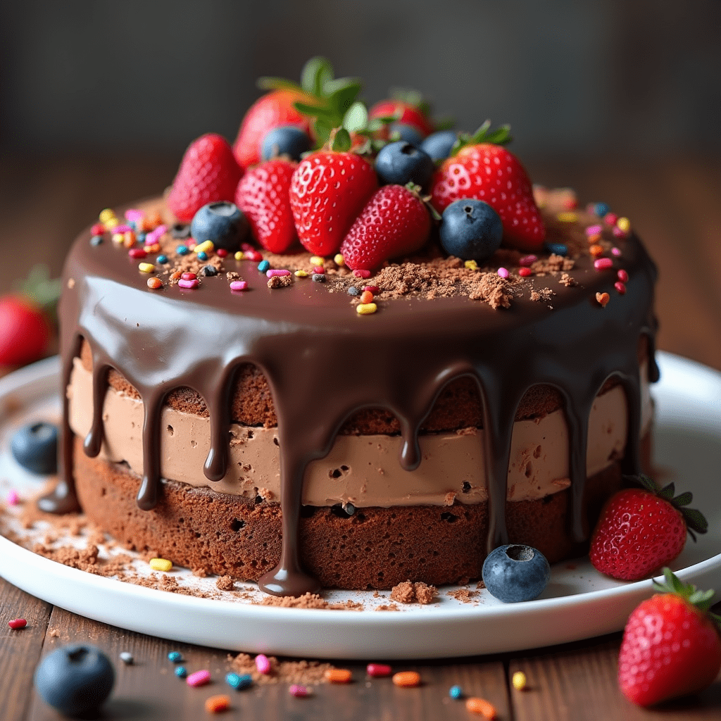 A luxurious chocolate chip cake adorned with a silky ganache drip and decorative toppings like gold flakes and nuts.