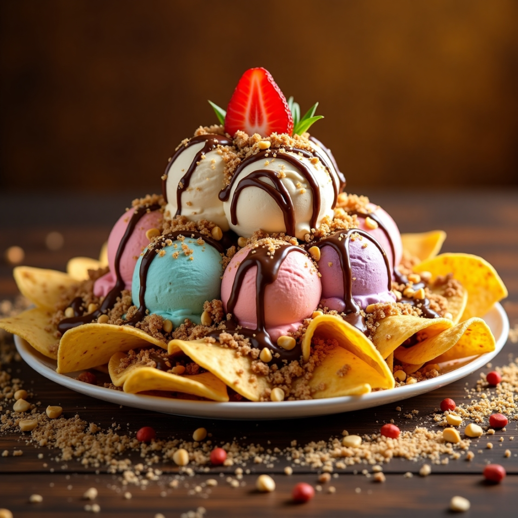 Sweet ice cream nachos dessert featuring crispy cinnamon sugar tortilla chips topped with colorful scoops of ice cream, chocolate sauce, whipped cream, and sprinkles in a festive arrangement.