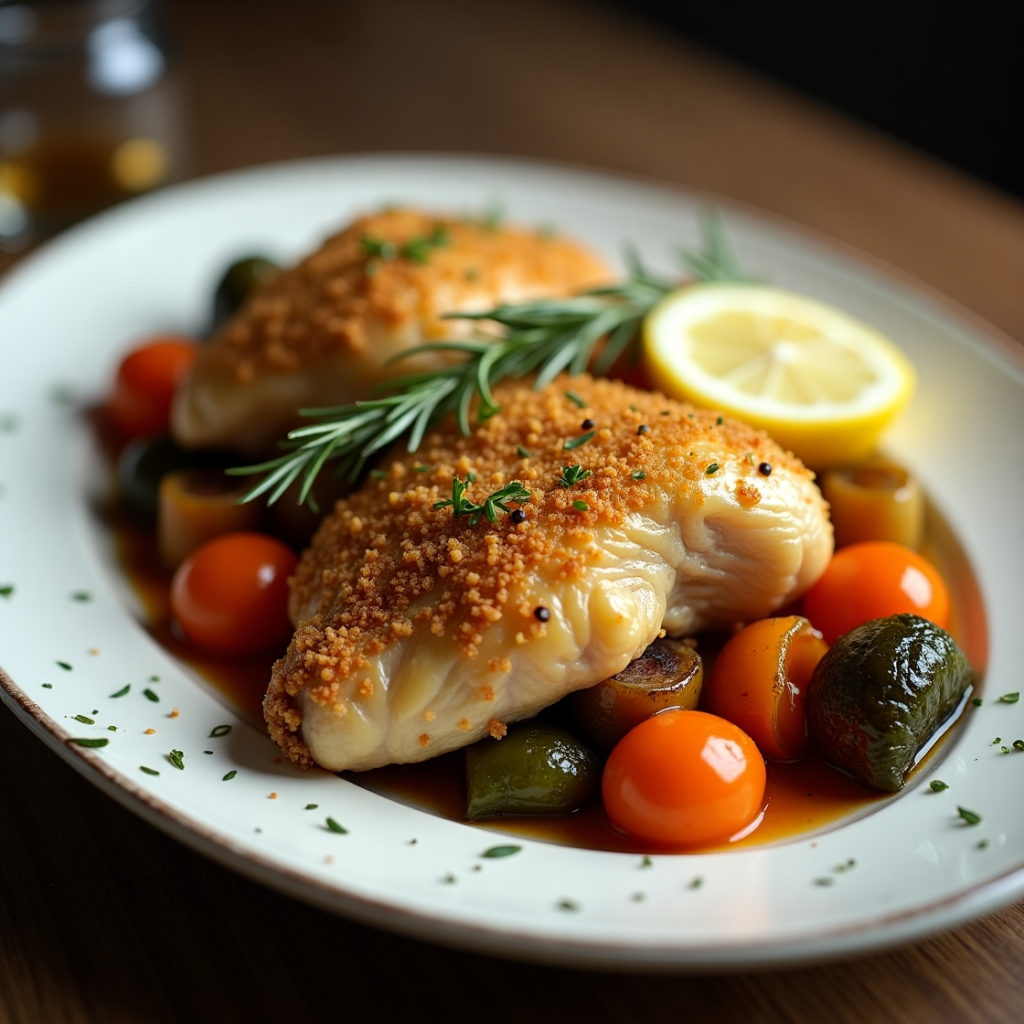 Homemade Longhorn Parmesan crusted chicken with golden crispy crust, served with roasted vegetables and garnished with fresh herbs