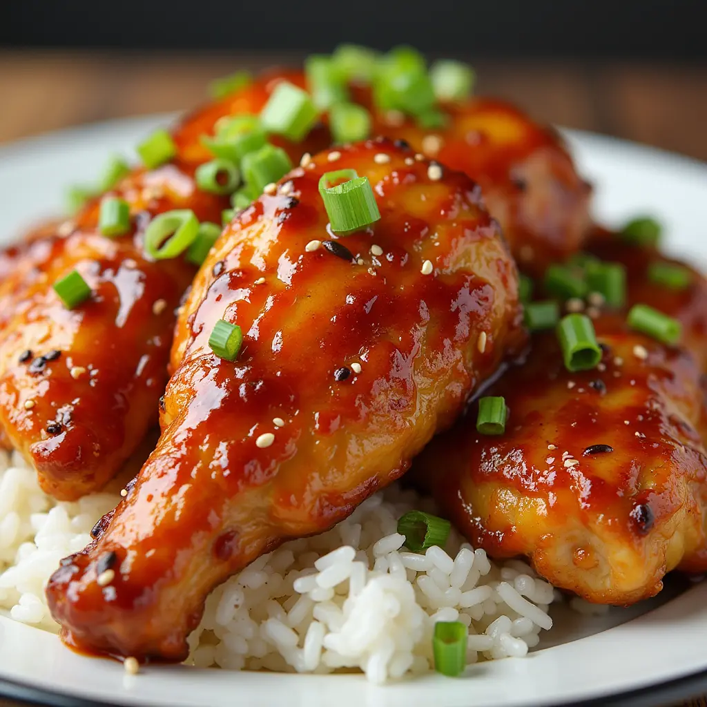 Golden Corral Bourbon Street Chicken Copycat served with steamed rice and a glossy teriyaki glaze.