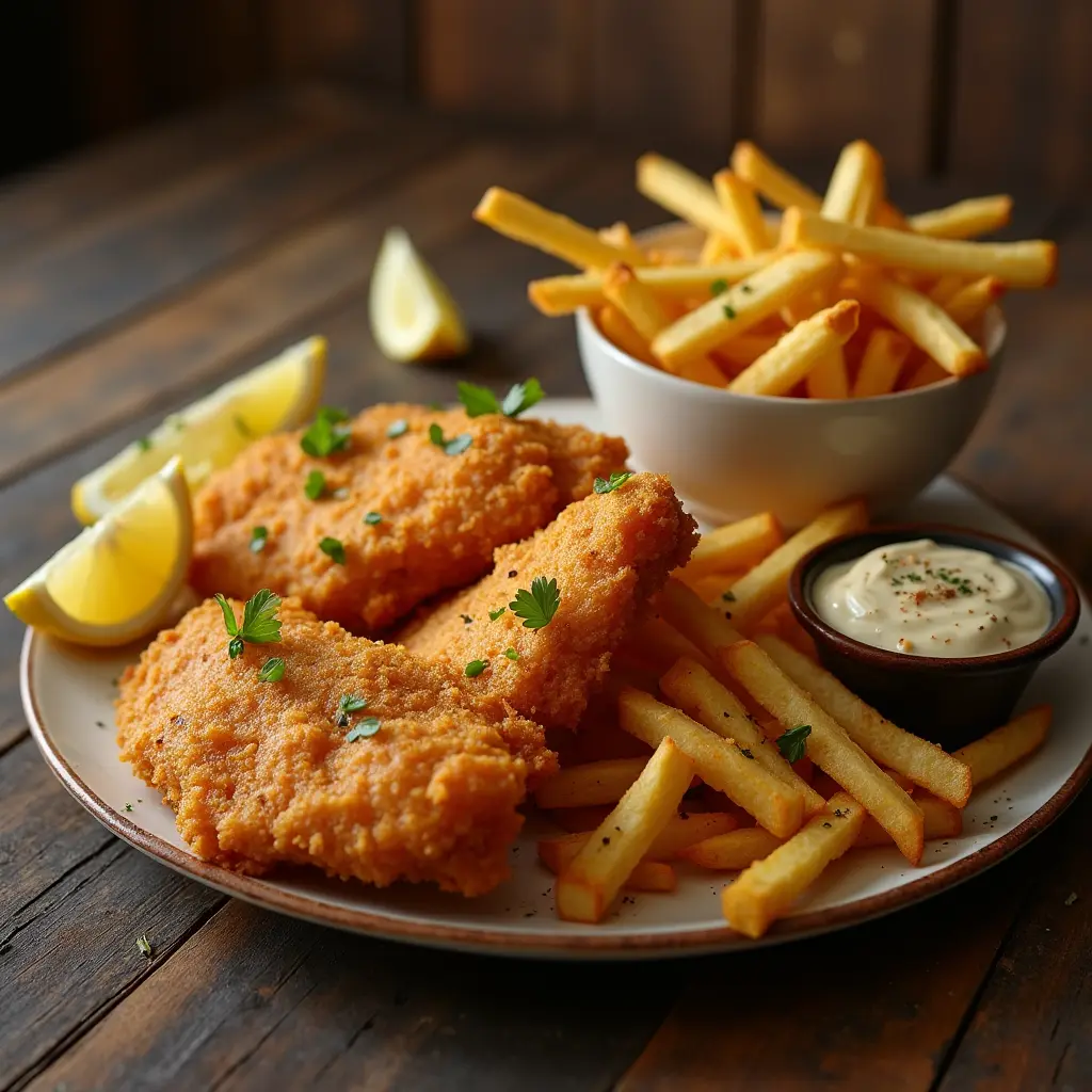 Crispy golden Hip Hop Fish and Chicken served with seasoned fries and dipping sauce.