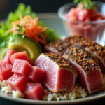 Fresh ahi tuna steak with herbs and citrus for premium seafood preparation