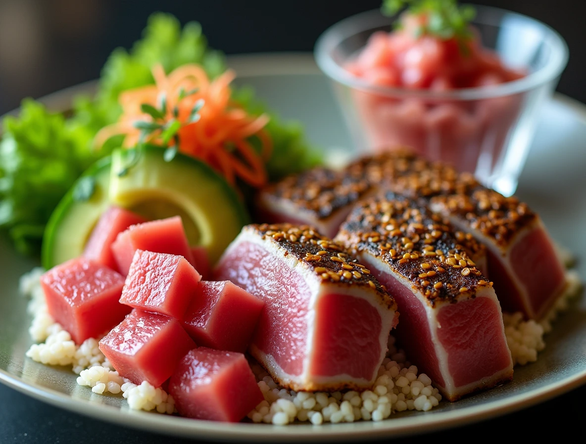 Fresh ahi tuna steak with herbs and citrus for premium seafood preparation