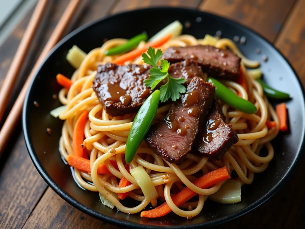 Homemade Beef Chow Mein with tender beef strips, stir-fried vegetables, and egg noodles in a savory soy-based sauce