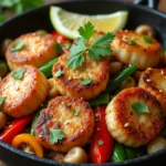 Homemade fishcakes and scallops stir recipe fry with colorful vegetables in a wok