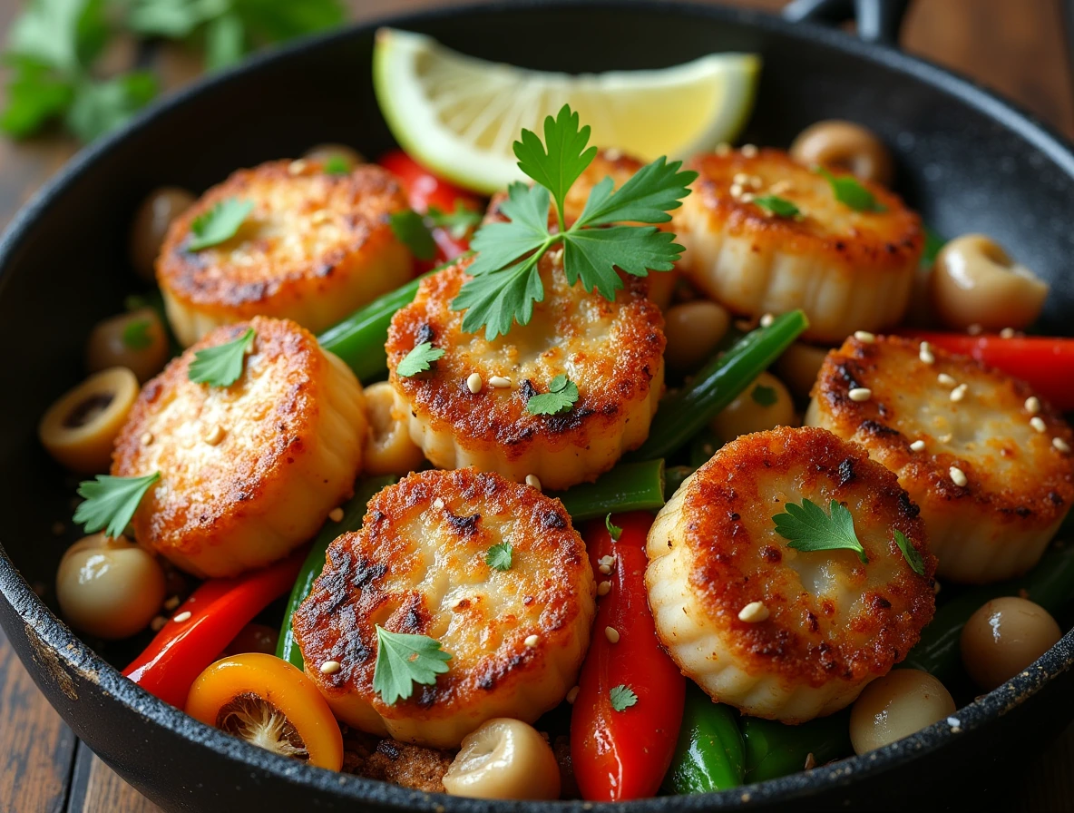Homemade fishcakes and scallops stir recipe fry with colorful vegetables in a wok