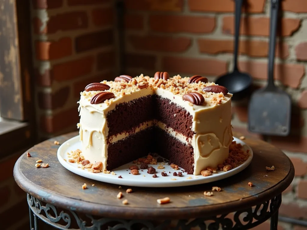 German Chocolate Poke Cake topped with rich coconut pecan frosting and chocolate ganache in a 9x13-inch pan.