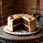 German Chocolate Poke Cake topped with rich coconut pecan frosting and chocolate ganache in a 9x13-inch pan.