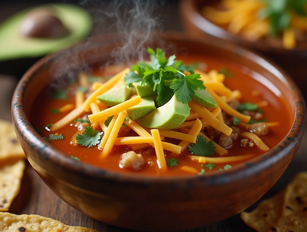 Santa Fe soup recipe served with fresh toppings like avocado and tortilla chips.