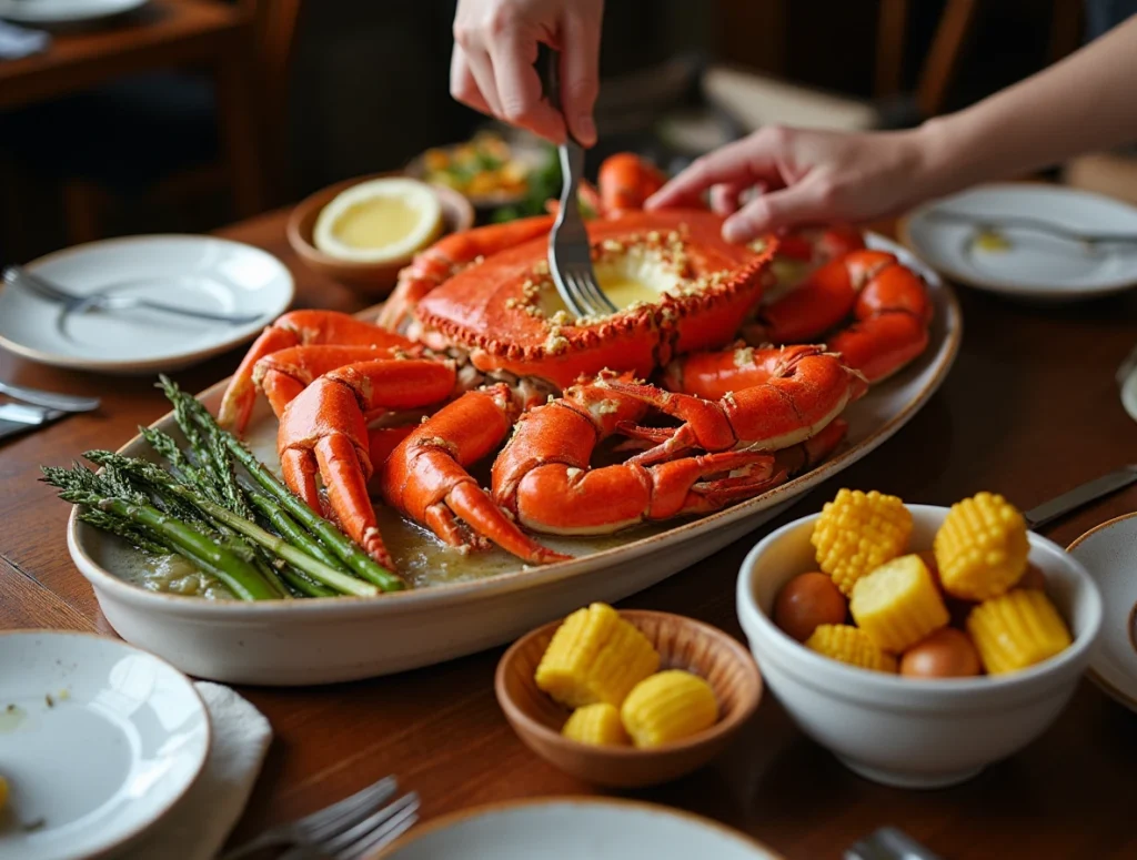 Garlic butter snow crab recipes legs served with lemon wedges and fresh herbs on a coastal-inspired platter