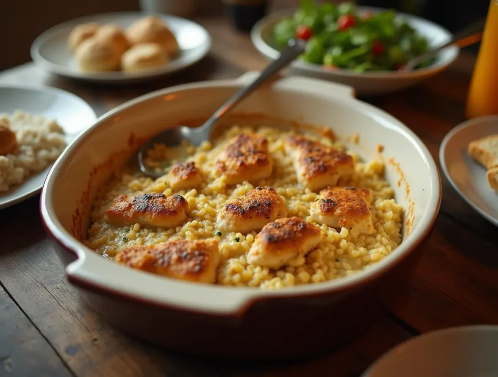Homemade forgotten chicken casserole with golden chicken and creamy rice in a ceramic baking dish