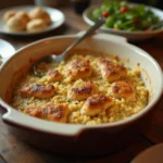 Homemade forgotten chicken casserole with golden chicken and creamy rice in a ceramic baking dish
