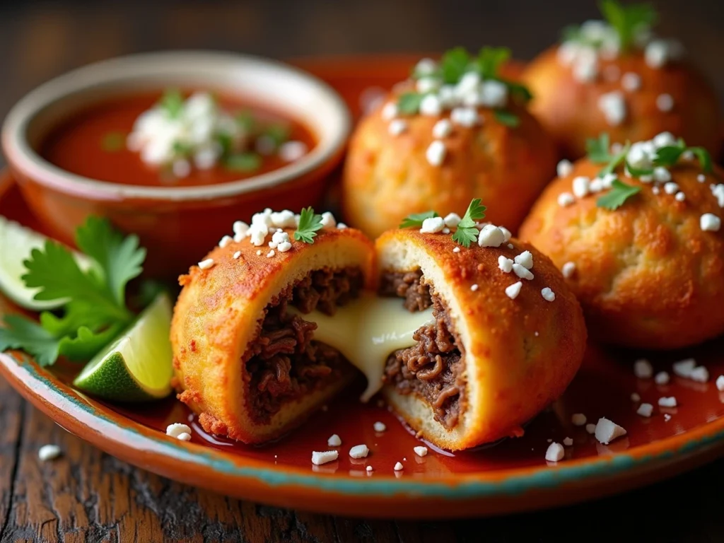 Homemade crispy birria bombs with melted cheese and consommé dipping sauce