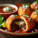 Homemade crispy birria bombs with melted cheese and consommé dipping sauce