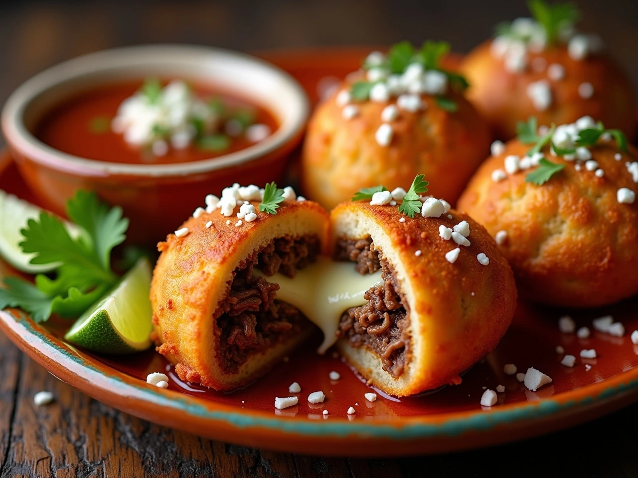 Homemade crispy birria bombs with melted cheese and consommé dipping sauce
