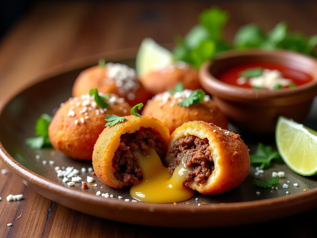 Cheese-filled birria bombs with traditional consommé dipping sauce