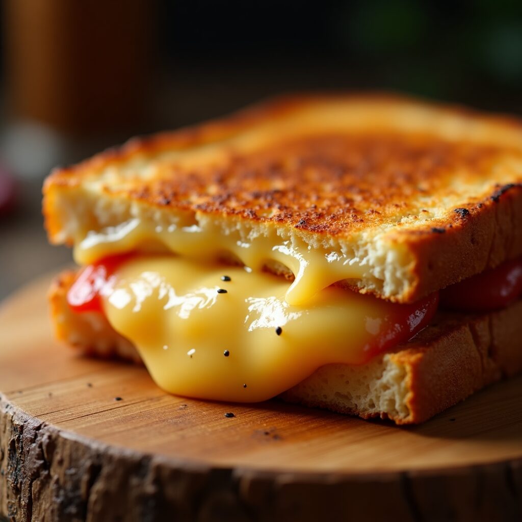 Cast iron skillet with perfectly cooked grilled cheese sandwich demonstrating restaurant-quality techniques