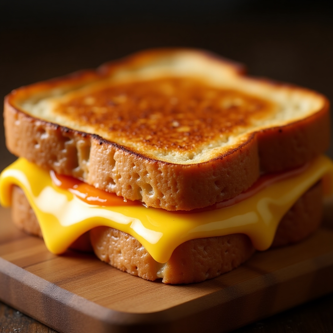 Perfect golden-brown grilled cheese sandwich with melted cheese oozing out, showcasing professional cooking techniques